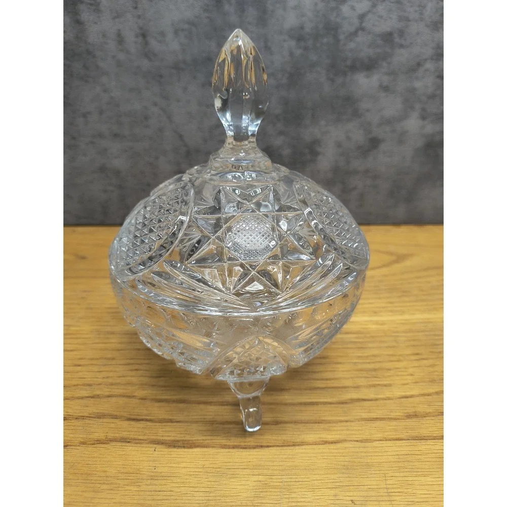 Vintage Crystal Cut Covered Candy Dish Star Design